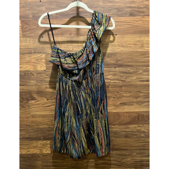 AUW 1 Shoulder Summer Dress Mini Length Women's Medium Rayon Stretch Waist - Picture 8 of 8